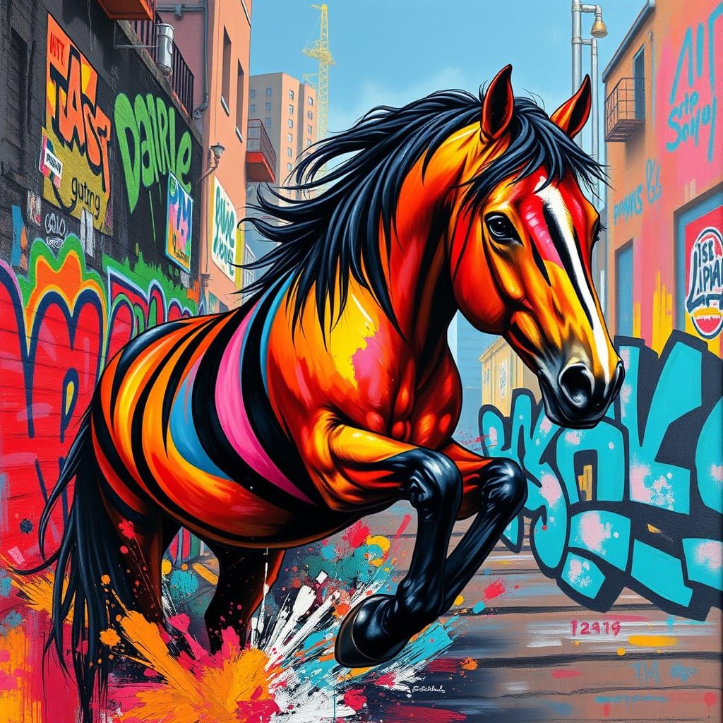 Bold Striped Horse in Urban Riot of Colors