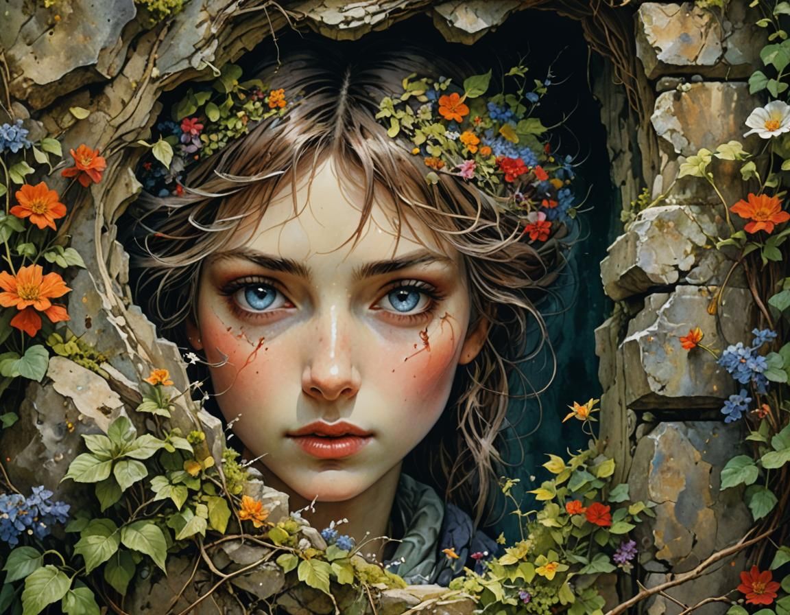 Blooming Garden Through Stone Wall: Fantasy Art