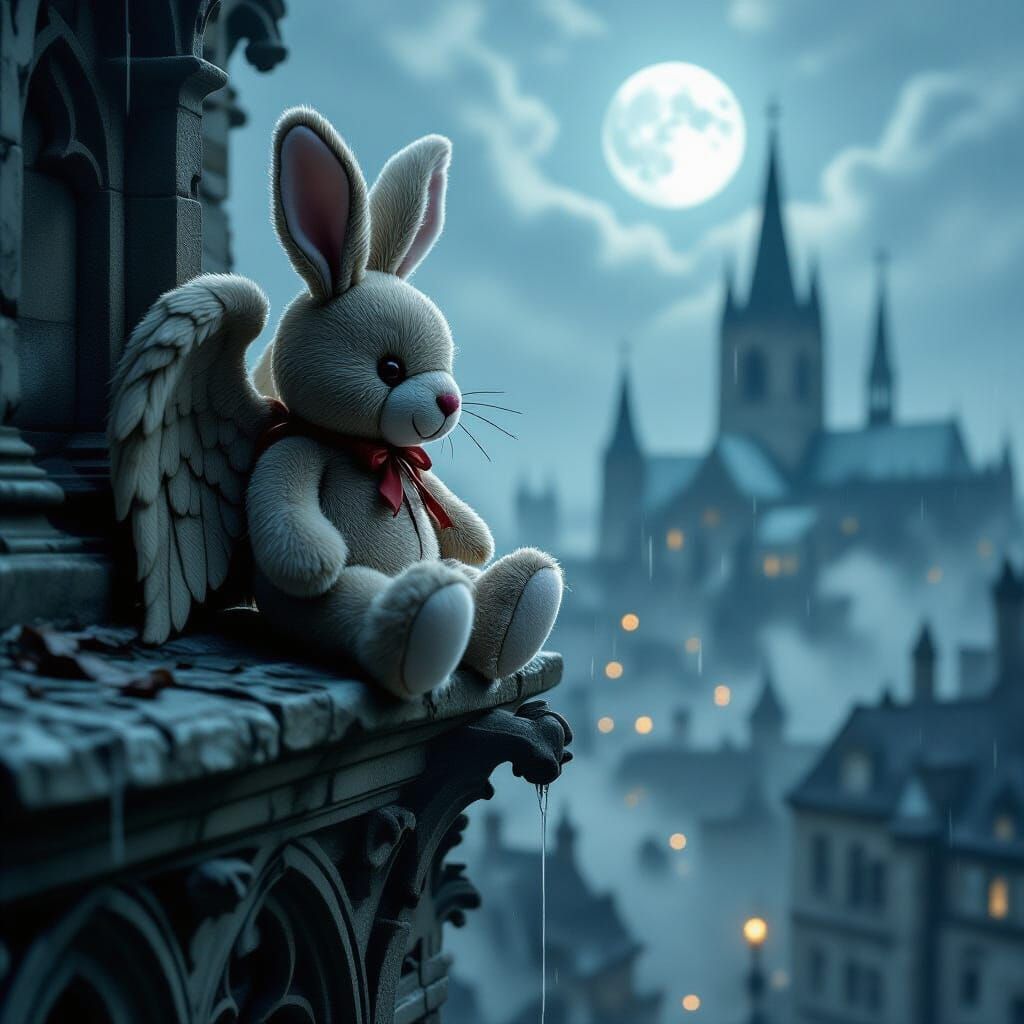 Plush Rabbit on Gothic Gargoyle in Misty City