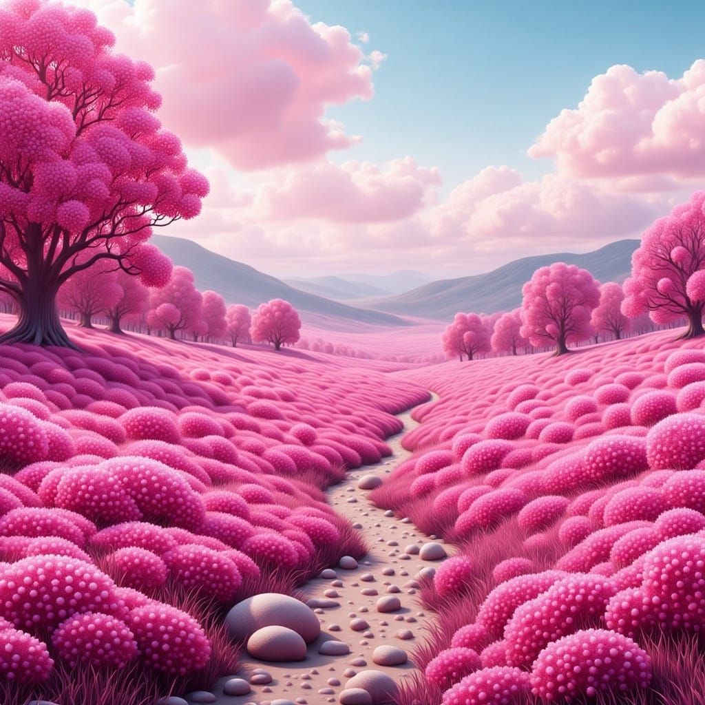 A beautiful meadow all made of puffy pink grass, bushes, and trees. <lora:Strawberry buttons:1.0>