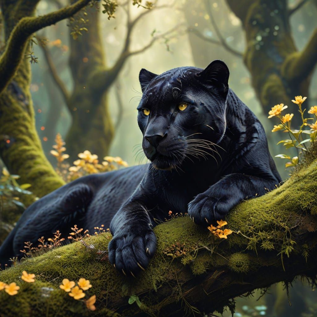 Black Panther in Mystical Forest Illustration
