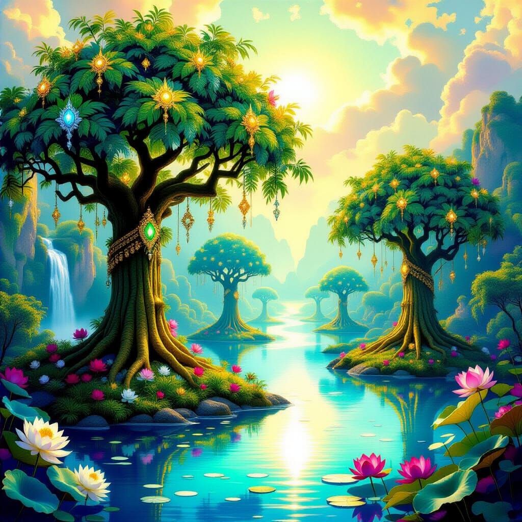 Radiant Paradise Gardens with Jeweled Trees