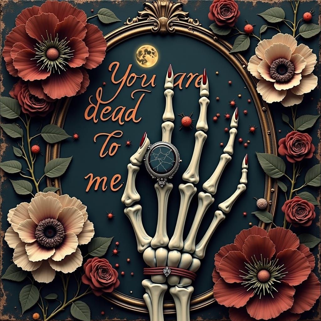 Gothic Victorian Postcard with Dead Flowers and Bony Hand