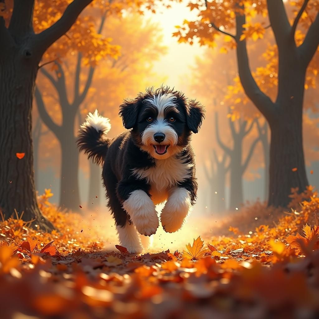 Bernedoodle in Autumn Landscape, Fantasy Concept Art