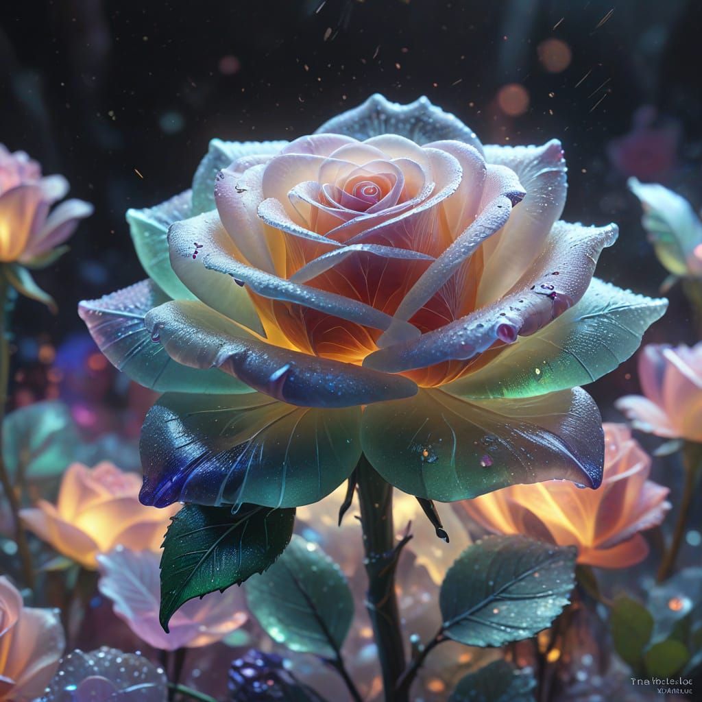 Ethereal Sea Glass Rose Sculpture with Neon Hues