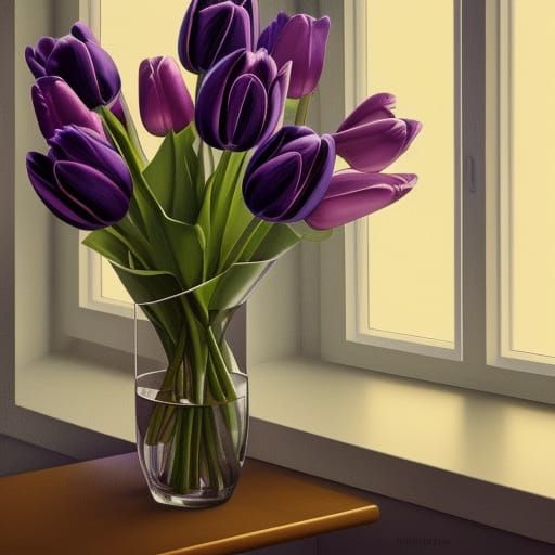 A vase of purple tulips on a table beside the windows