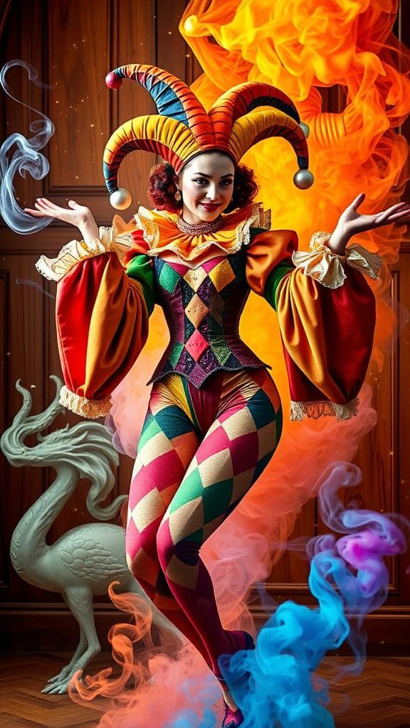 Vibrant Cyberpunk Jester Dances in Swirling Flames