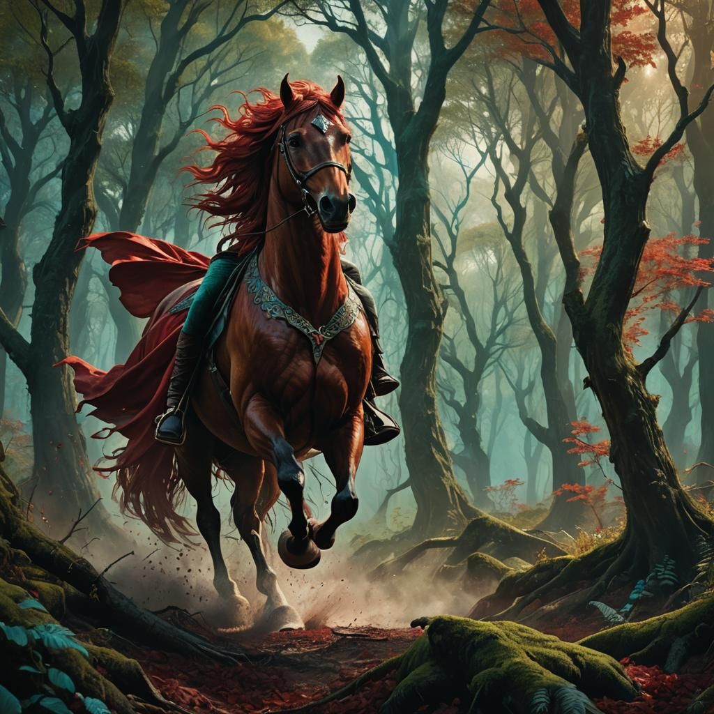 Red Rider Charges Through Mystical Forest