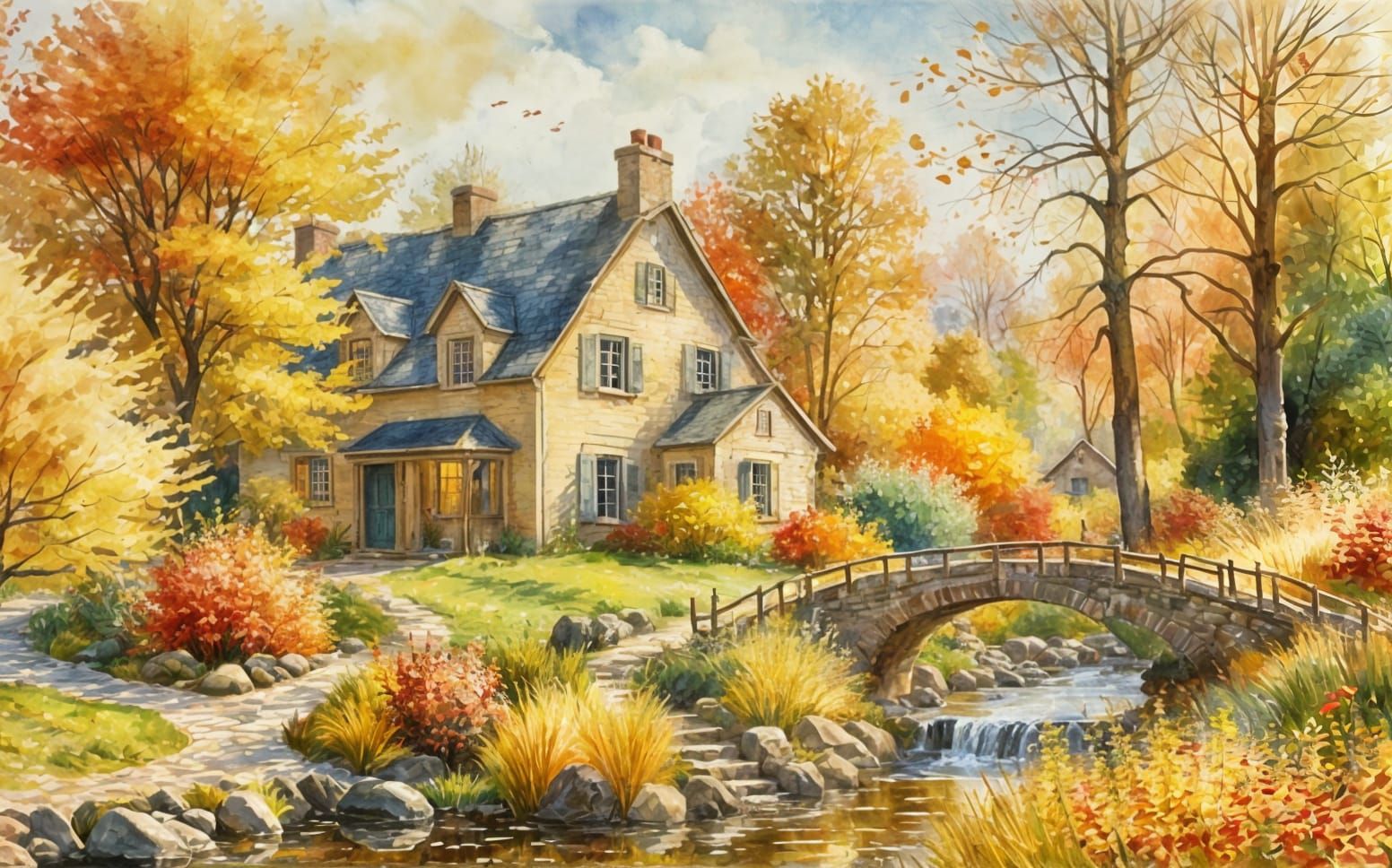 Autumn Country Home in Impressionistic 3D Style