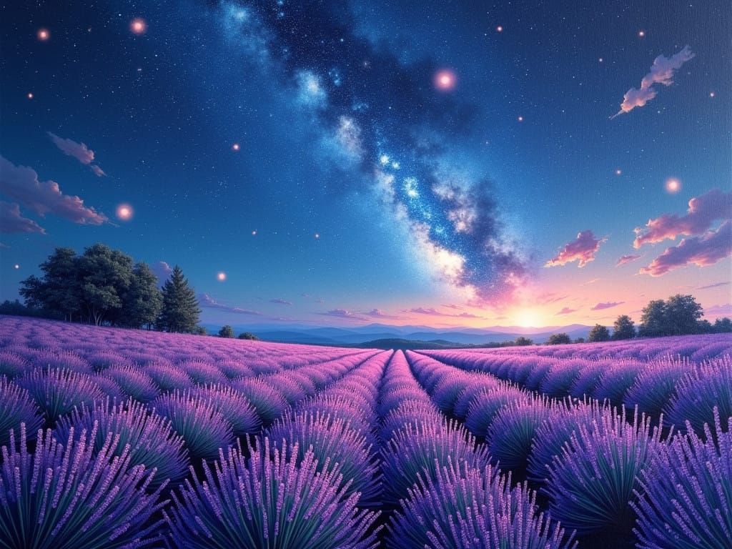 Surreal Lavender Field Under Night Sky with Meteor Shower