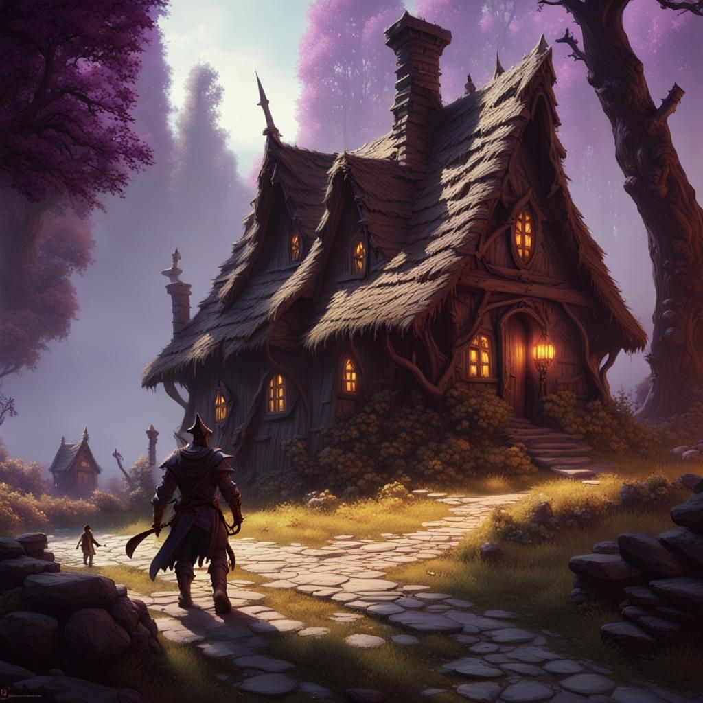 Axe Warrior and Witch Cottage in Dark Fantasy Style