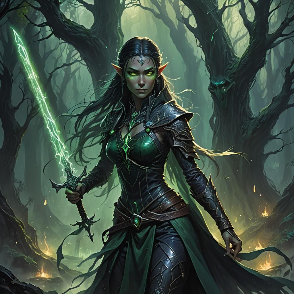 Elven Warlock with Eldritch Sword: Dark Fantasy Art