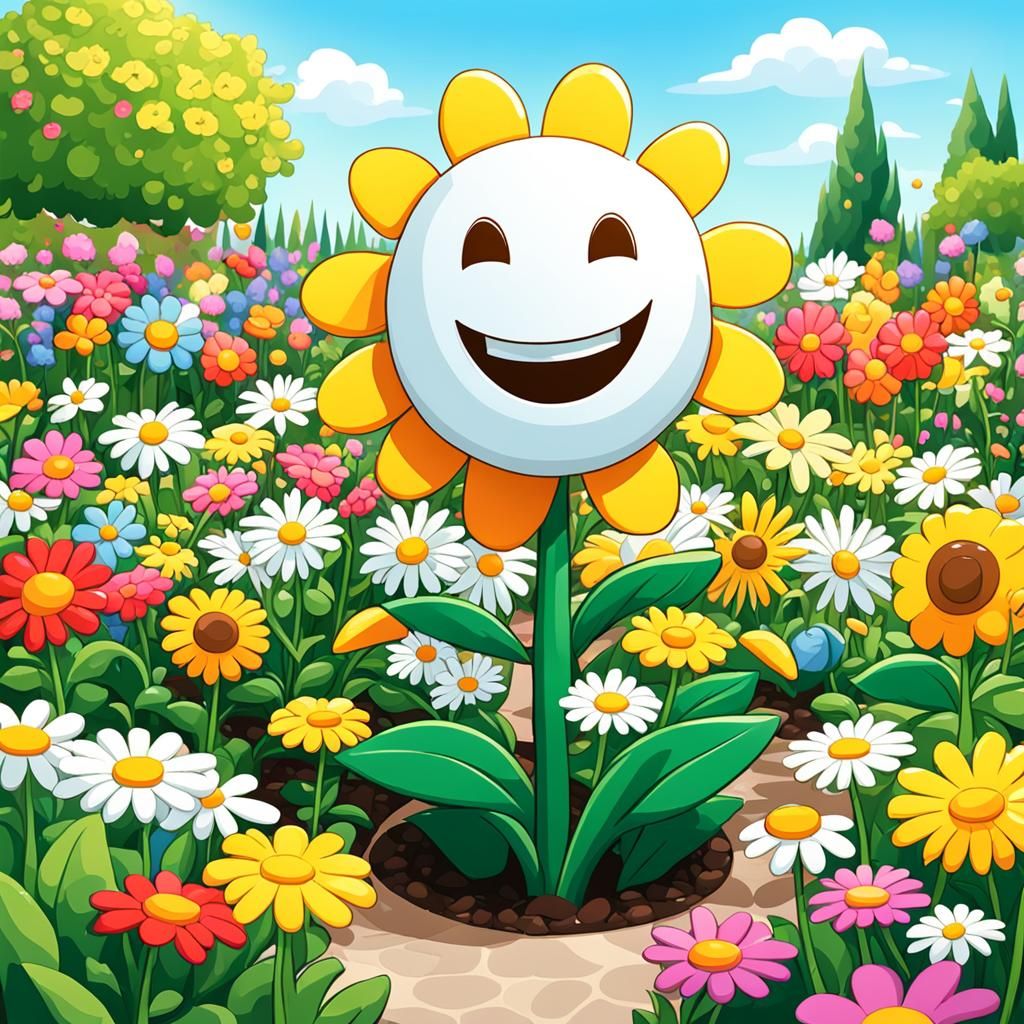 Happy Flower Character in a Sunny Garden