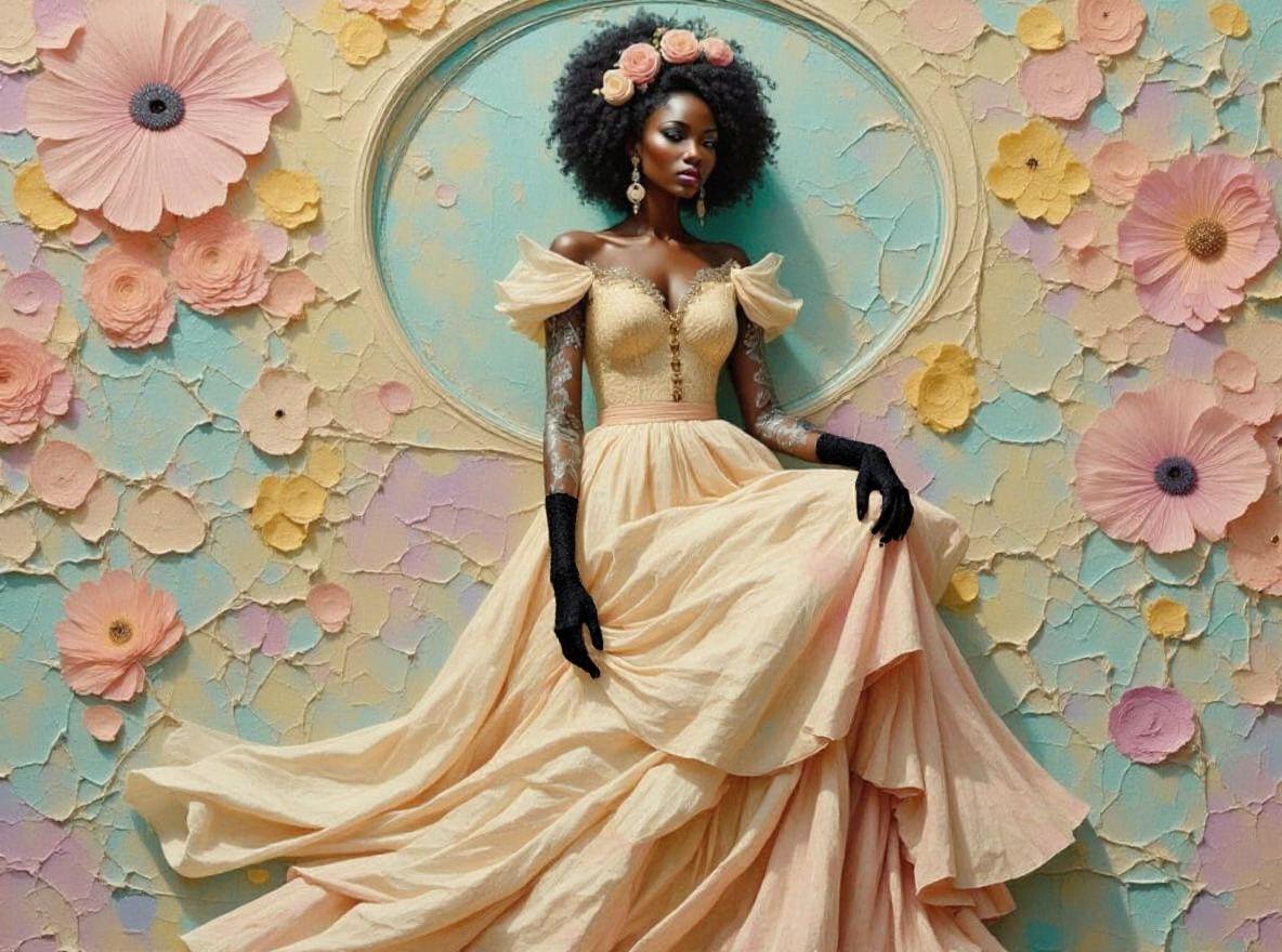 Elegant Black Goth Woman in Pastel Gown
