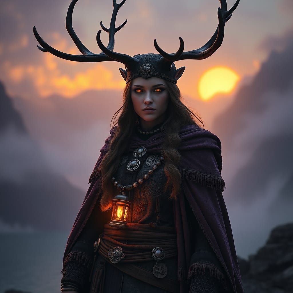 Reindeer-Woman in Fjord: Dark Fantasy Concept Art