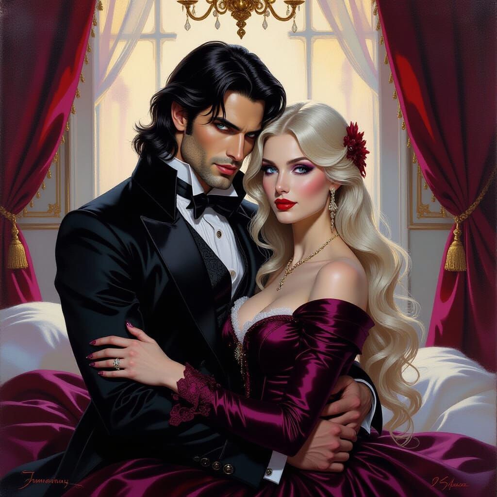 Vampire Couple in Opulent Bedchamber, Impressionist Oil Pain...