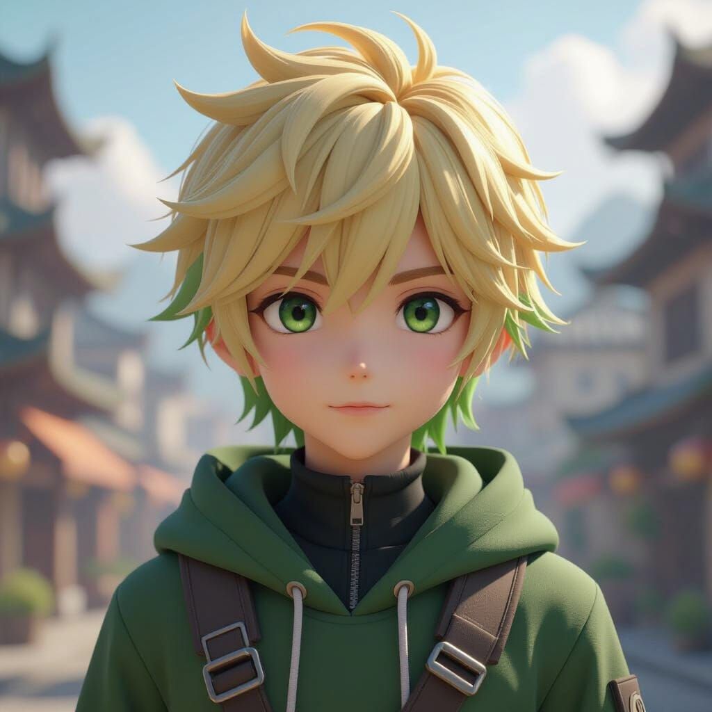 Anime Boy with Blond and Green Hair in 3D Style