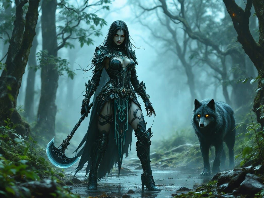 Gothic Female Warrior in Turquoise Armor Stands Ready for Ba...