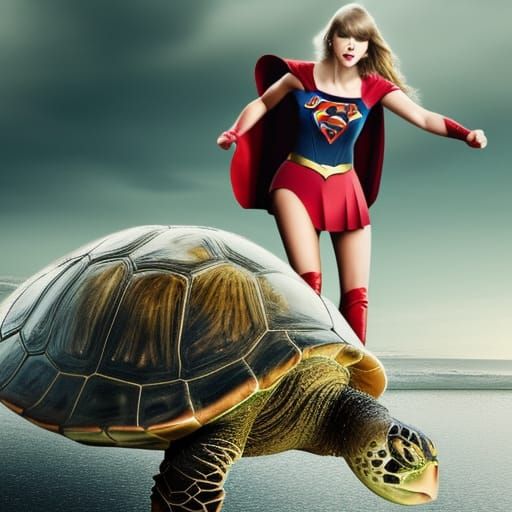 Supergirl Rides a Turtle: Hyperrealistic Digital Art