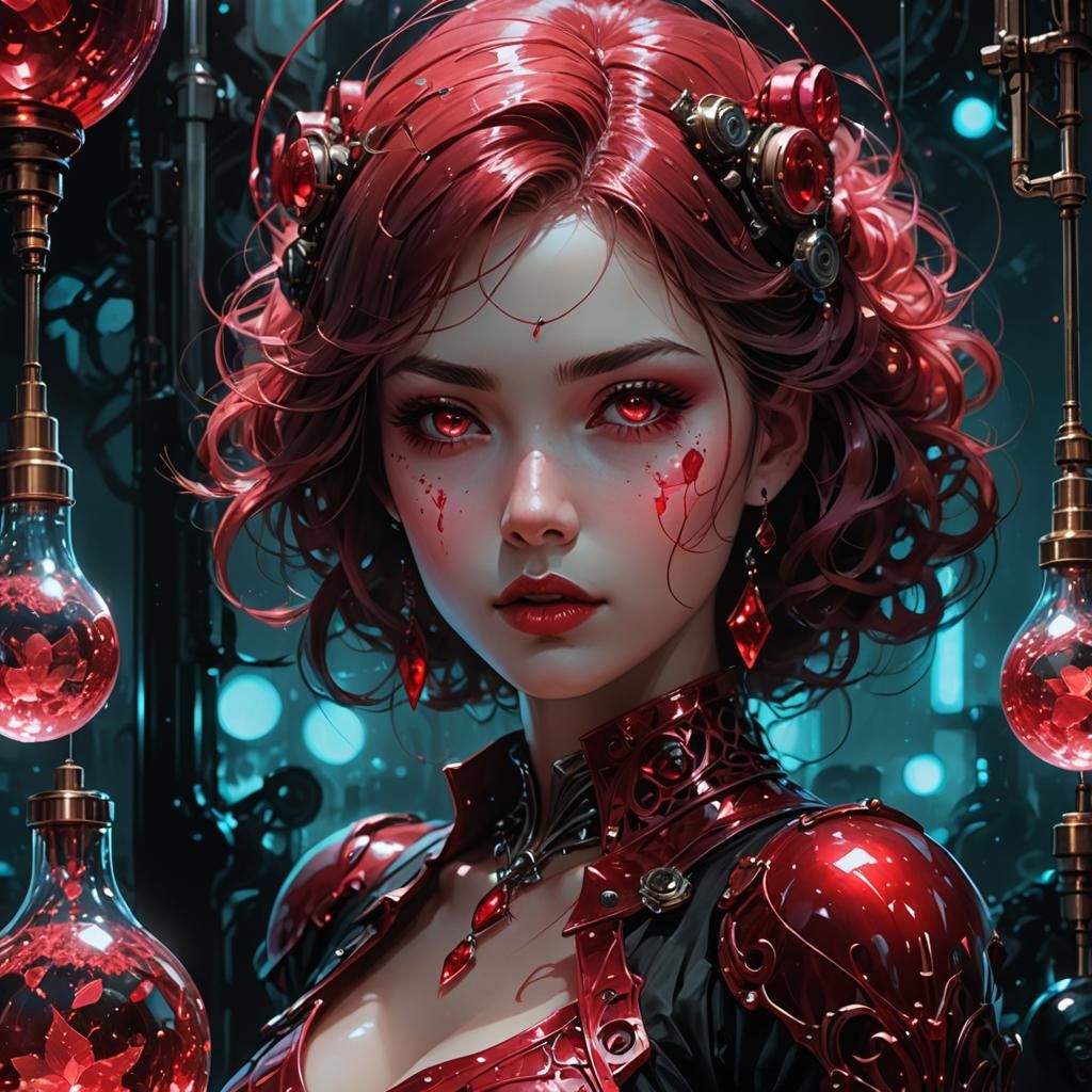 Mysterious Ruby Woman in Bioluminescent Glow