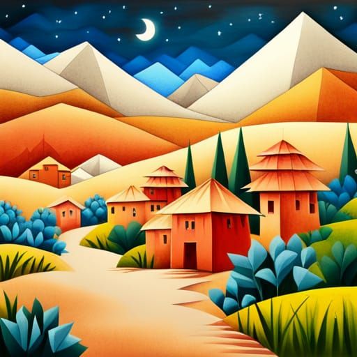 Detailed Gouache Painting of Origami Village