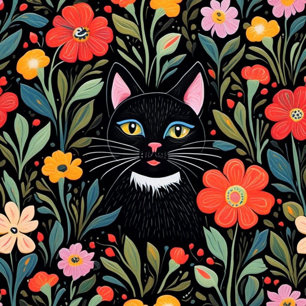 Cat in Flower Garden: Flat Minimalist Painting