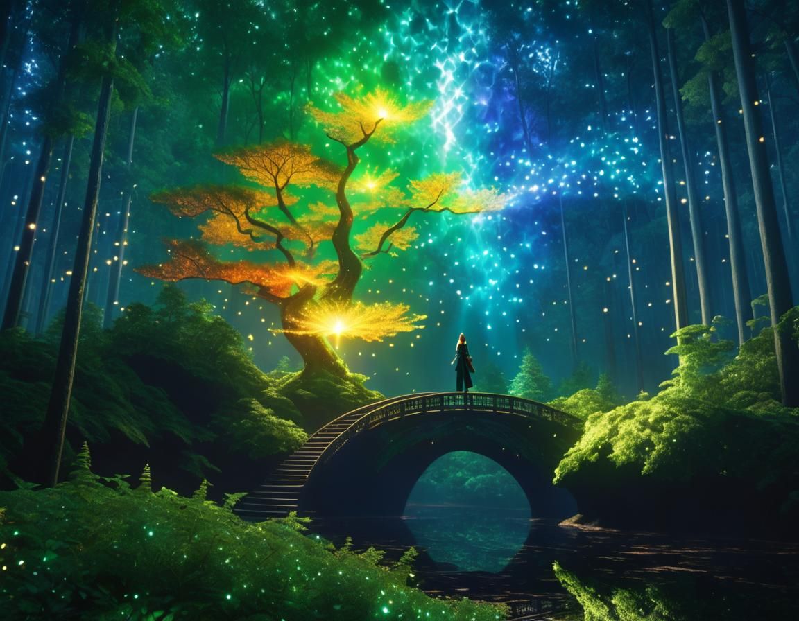 Anime Figure in Mystical Forest, Alcohol Ink Painting