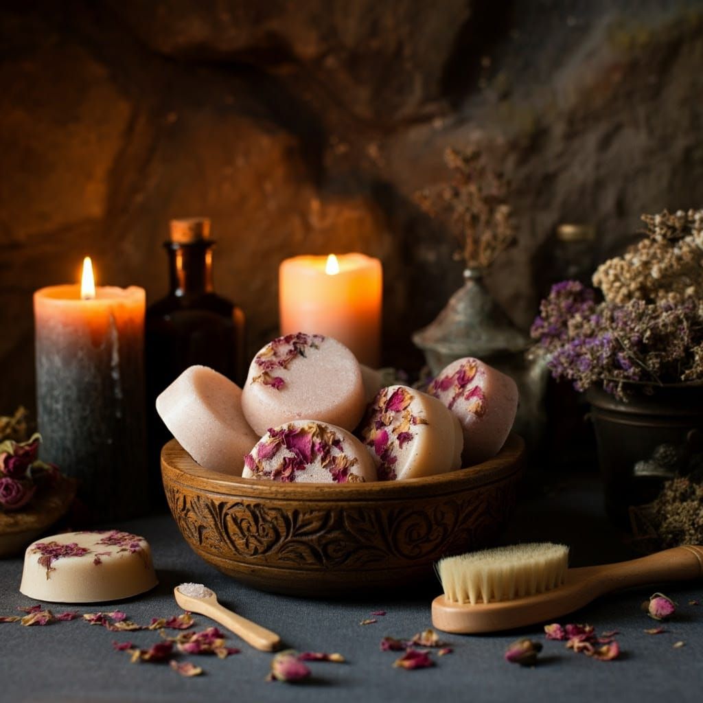 Medieval Rose Sugar Scrub Bars in Wooden Bowl, Pre-Raphaelit...