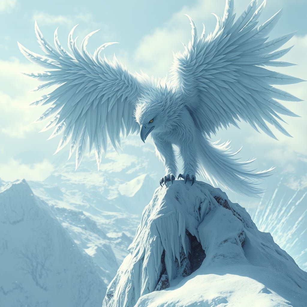 Majestic Ice Harpy Soars Over Glacial Peaks