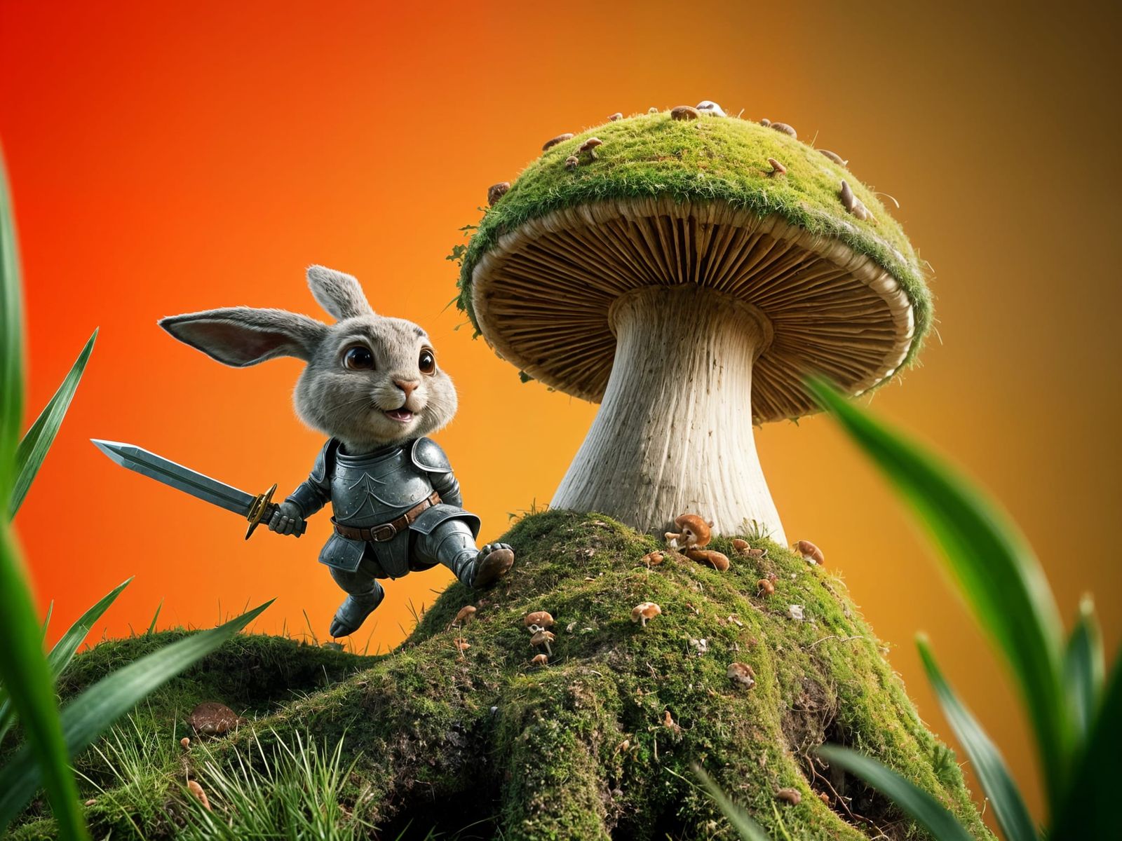 Baby Hare Knight Scales Giant Mushroom in Comic Style