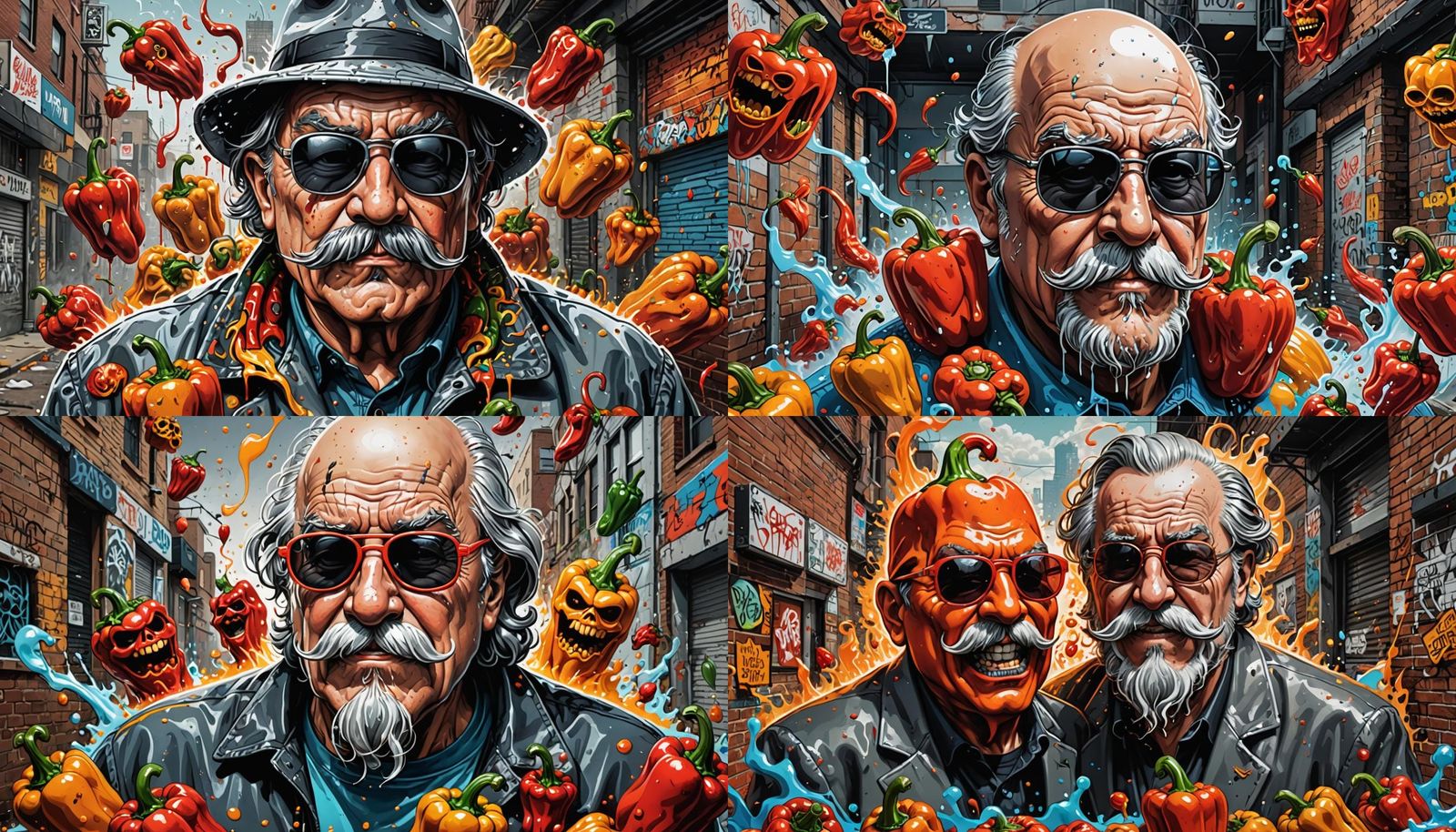 Vibrant Graffiti Art of Happy Bell Pepper and Grumpy Ghost P...