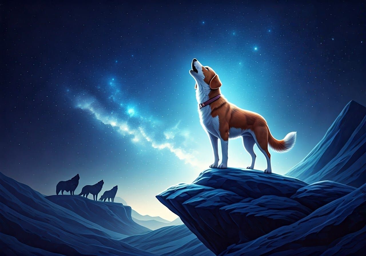 Dog Howling with Wolves Under Moonlight