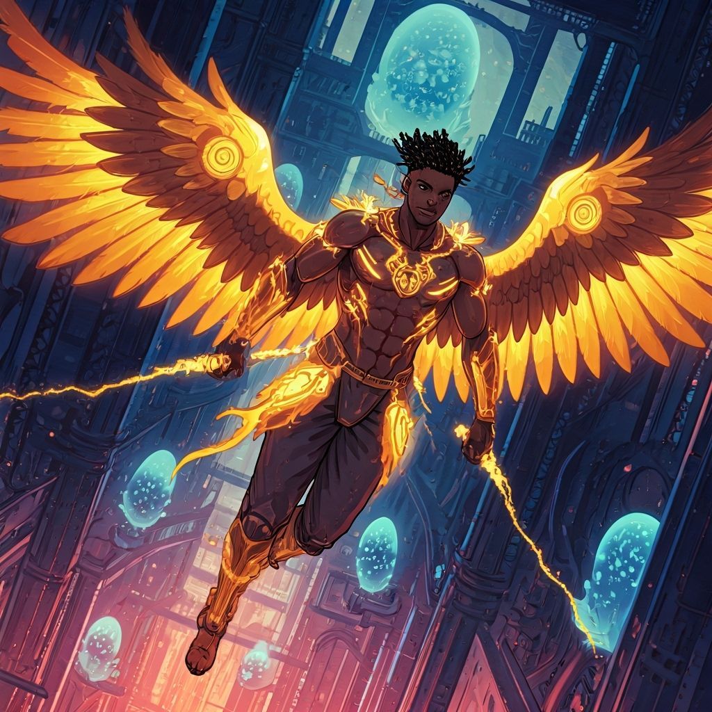 Cyberpunk Angel Warrior in Iridescent Cityscape