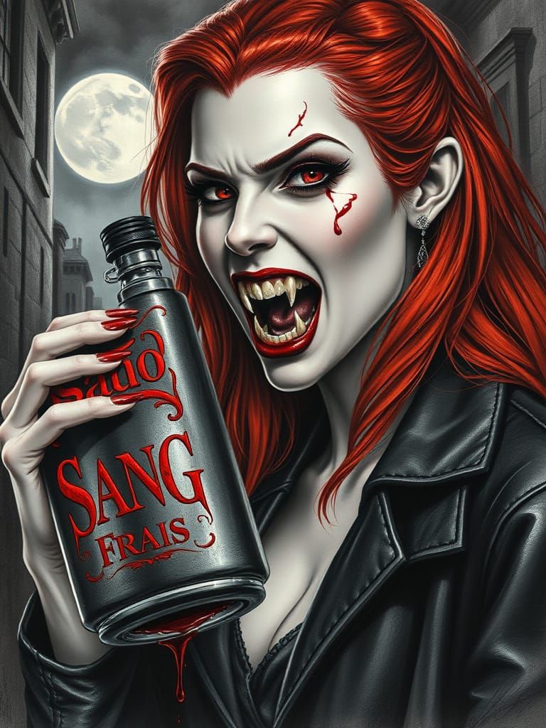 Ethereal Vampire Woman with Razor-Sharp Fangs and Dark Gothi...