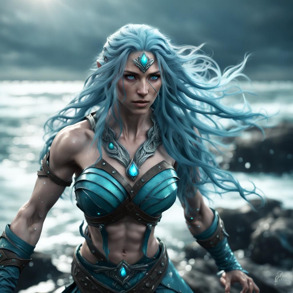 Water Genasi Druid on Stormy Shoreline in 3D