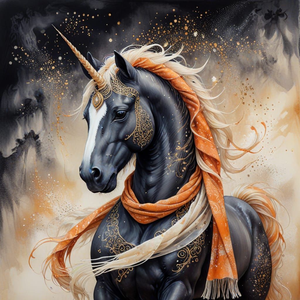 Ethereal Unicorn with Patterned Scarf in Chinese Ink Style