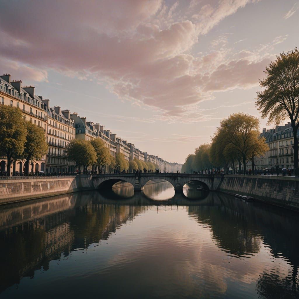 Parisian Embankment at Dawn: Seine River Reflections
