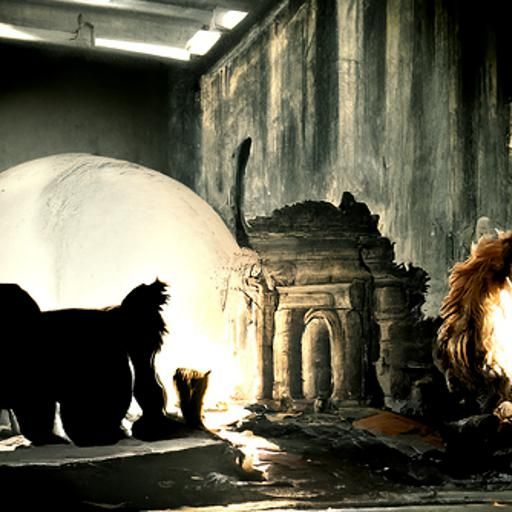 Lion and Kitten in Spotlight: Detailed Matte Painting