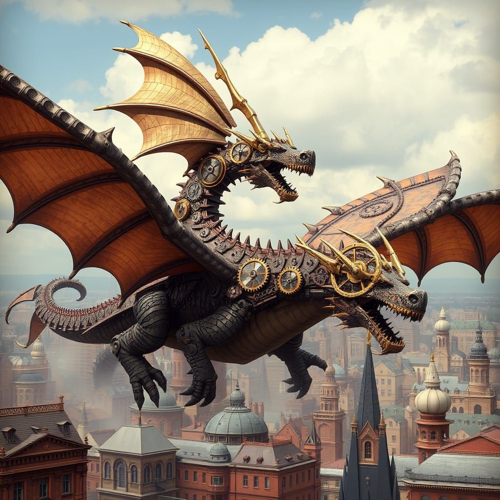 Steampunk Dragon Soars Over Victorian City