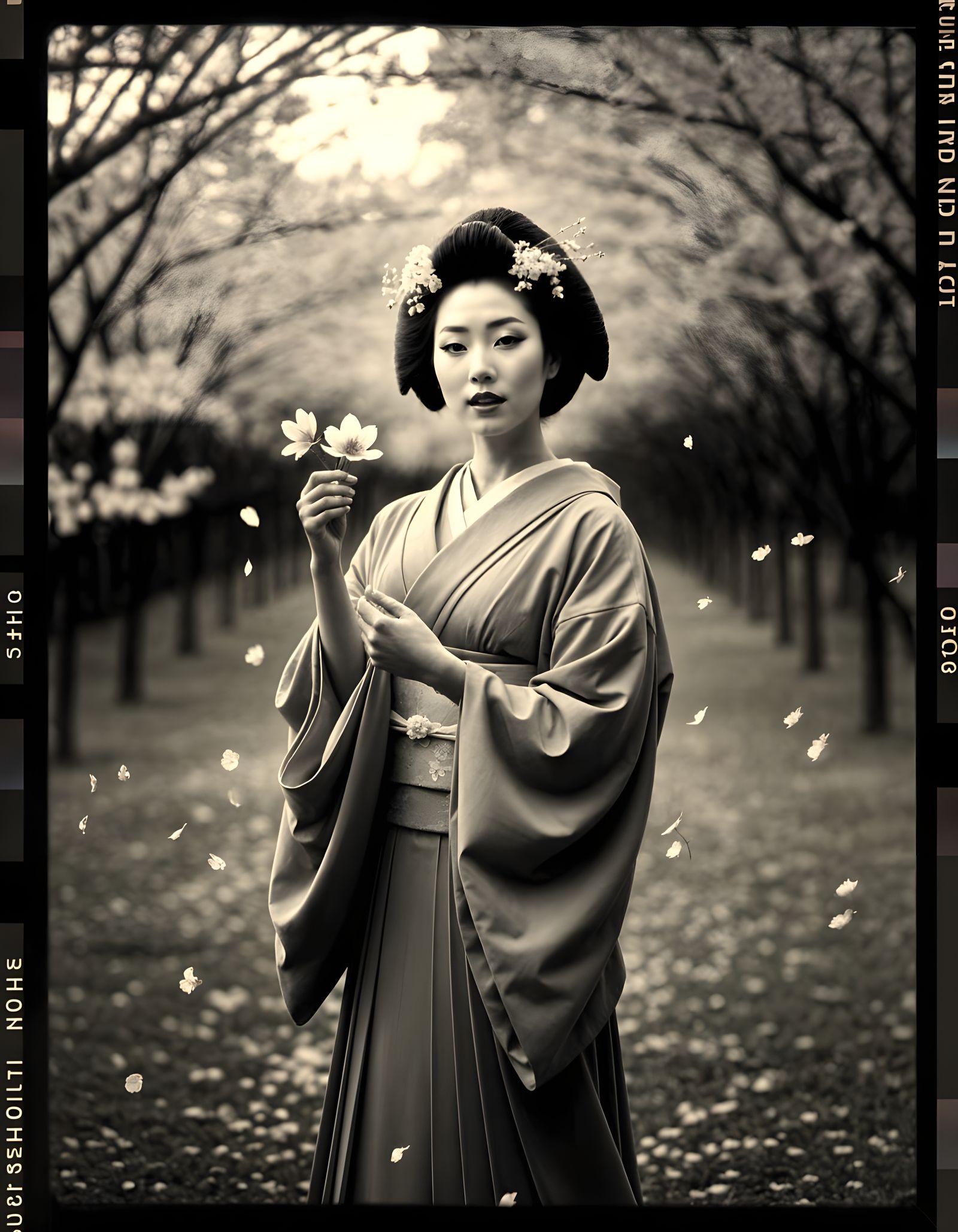 Noir Geisha in Whimsical Cherry Blossom Garden