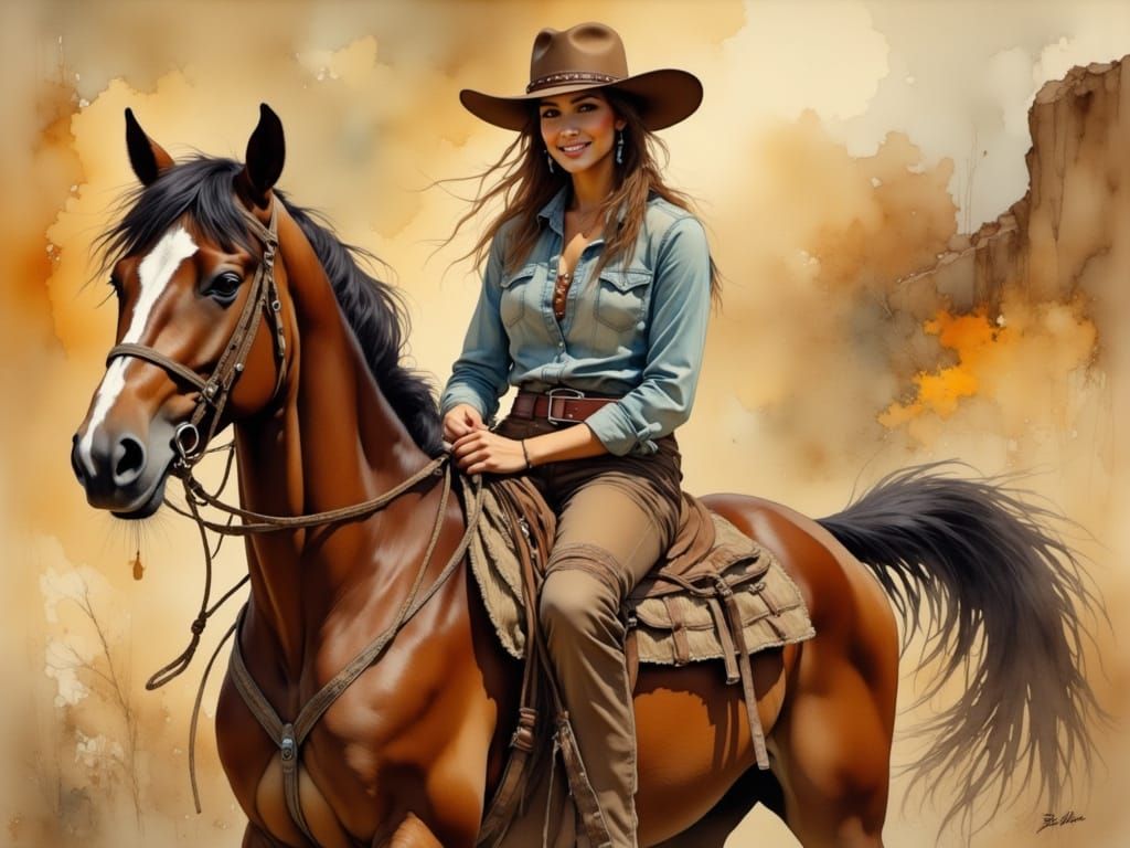 <lora:Flux - Painterly:1.0> A stunning cowgirl, dressed in w...