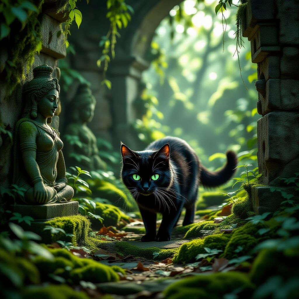 Mischievous Black Cat in Enchanted Forest Ruin