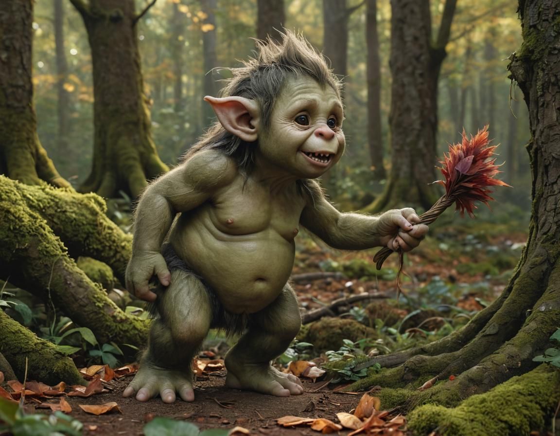 Enigmatic Norse Baby Troll in Fantasy Wood