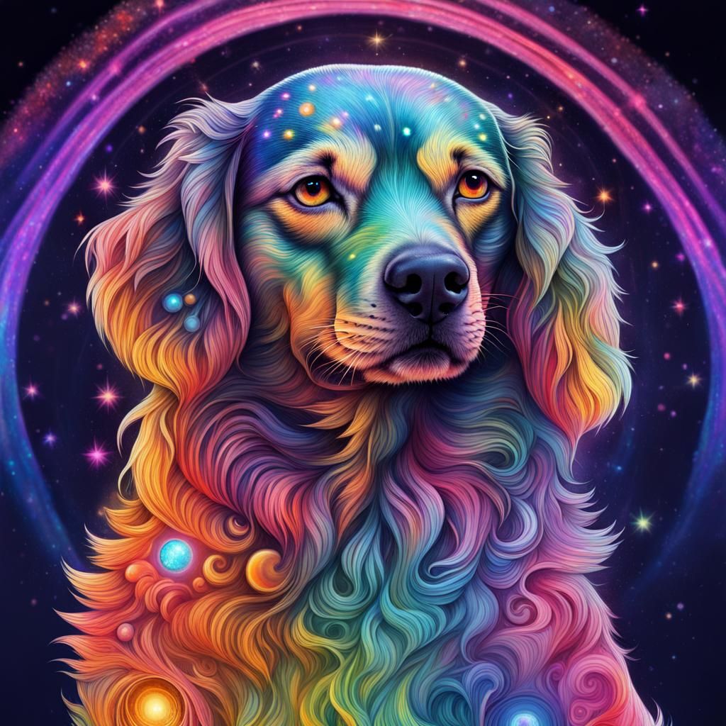 Rainbow Dog in Holographic Cosmic Astral Illustration