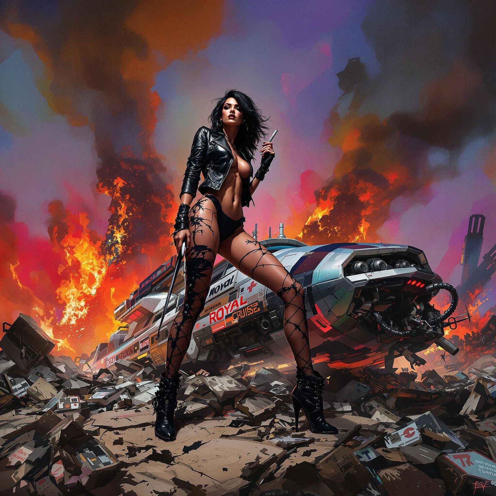 Retro-Futuristic Legend Amidst Wreckage as Painterly Art