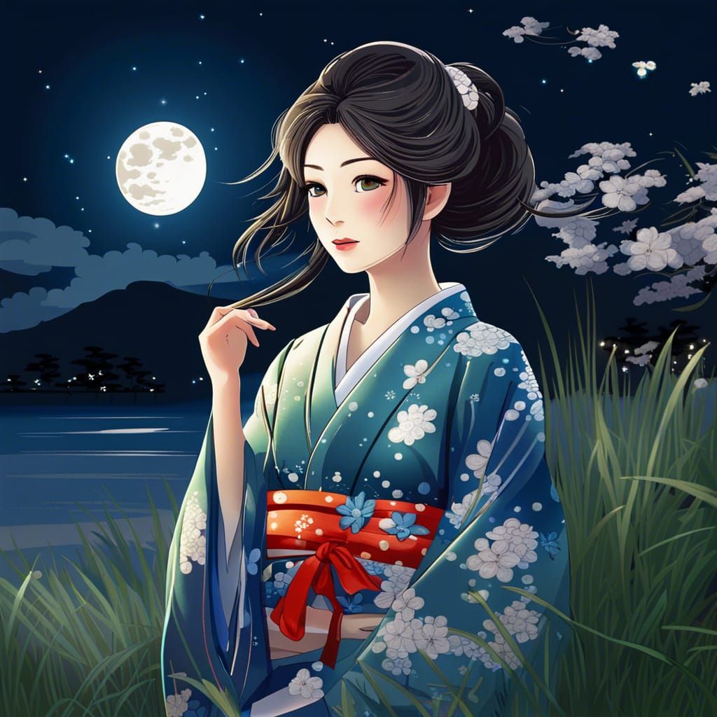 Moonlit Kimono: A Woman's Night Sky Gaze