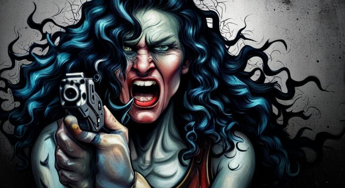Angry Woman with Gun in Dystopian Street Art