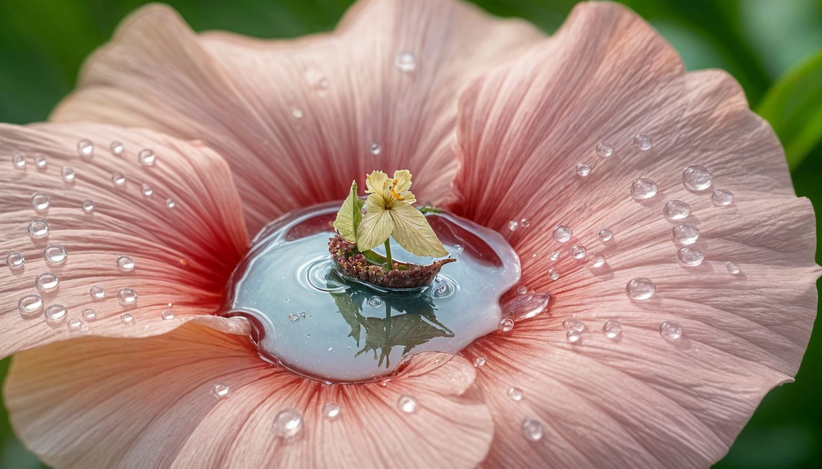Hibiscus Flower with Ship Sailing on Dewdrop