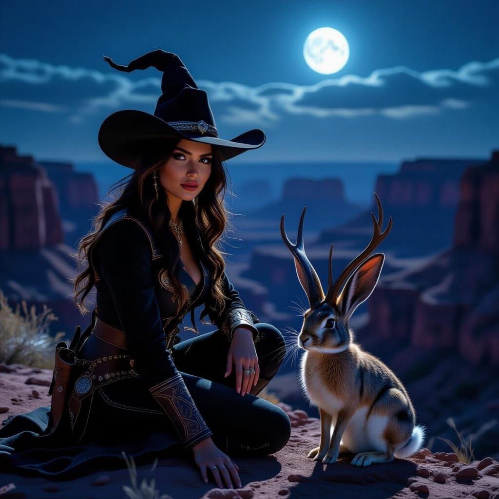 Cowgirl Witch and Jackrabbit Familiar in Desert Canyon