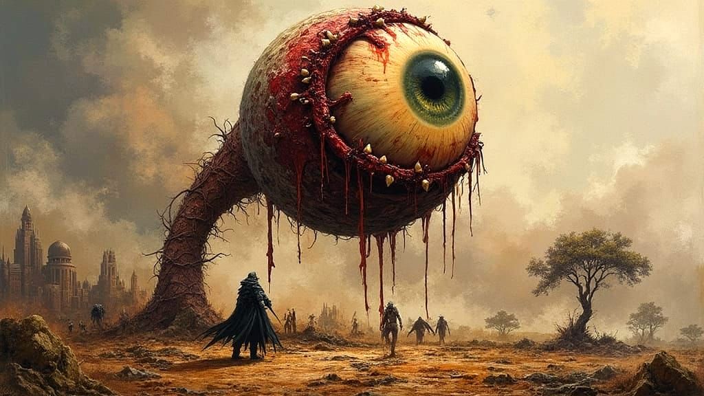 Menacing Biomechanical Eyeball in Dystopian Landscape